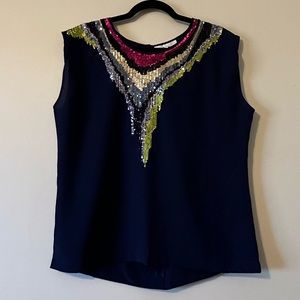 New Olive & Oak Large Navy Blue Cap Sleeve Blouse Top Sequin Bib NWT Holiday